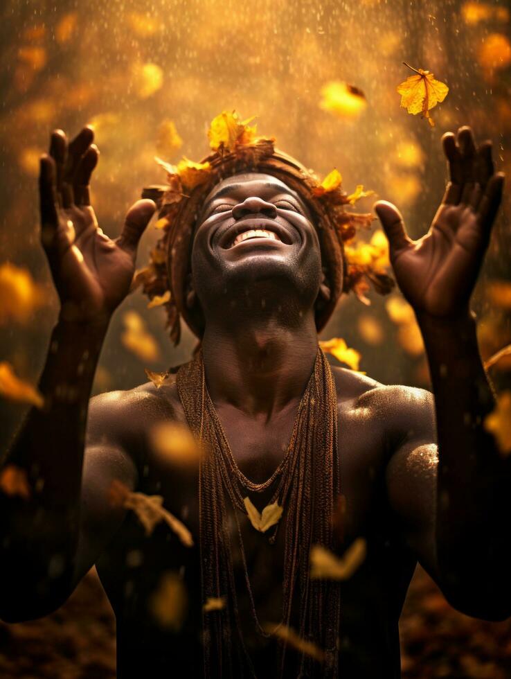 africano hombre en emocional dinámica actitud en otoño antecedentes ai generativo foto