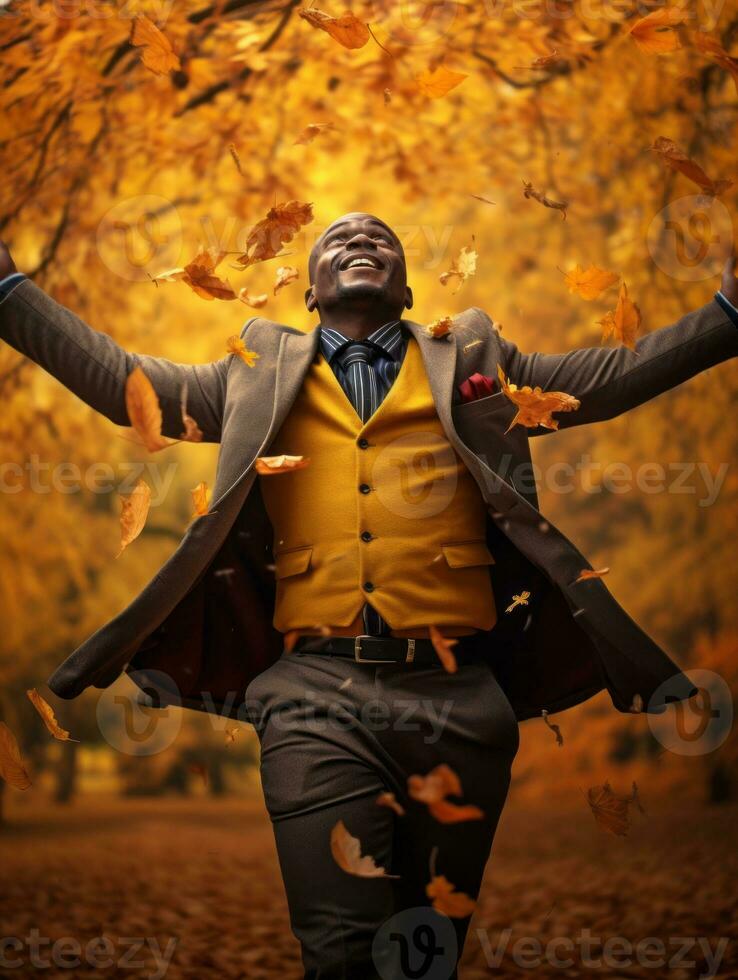 African man in emotional dynamic pose on autumn background AI Generative photo