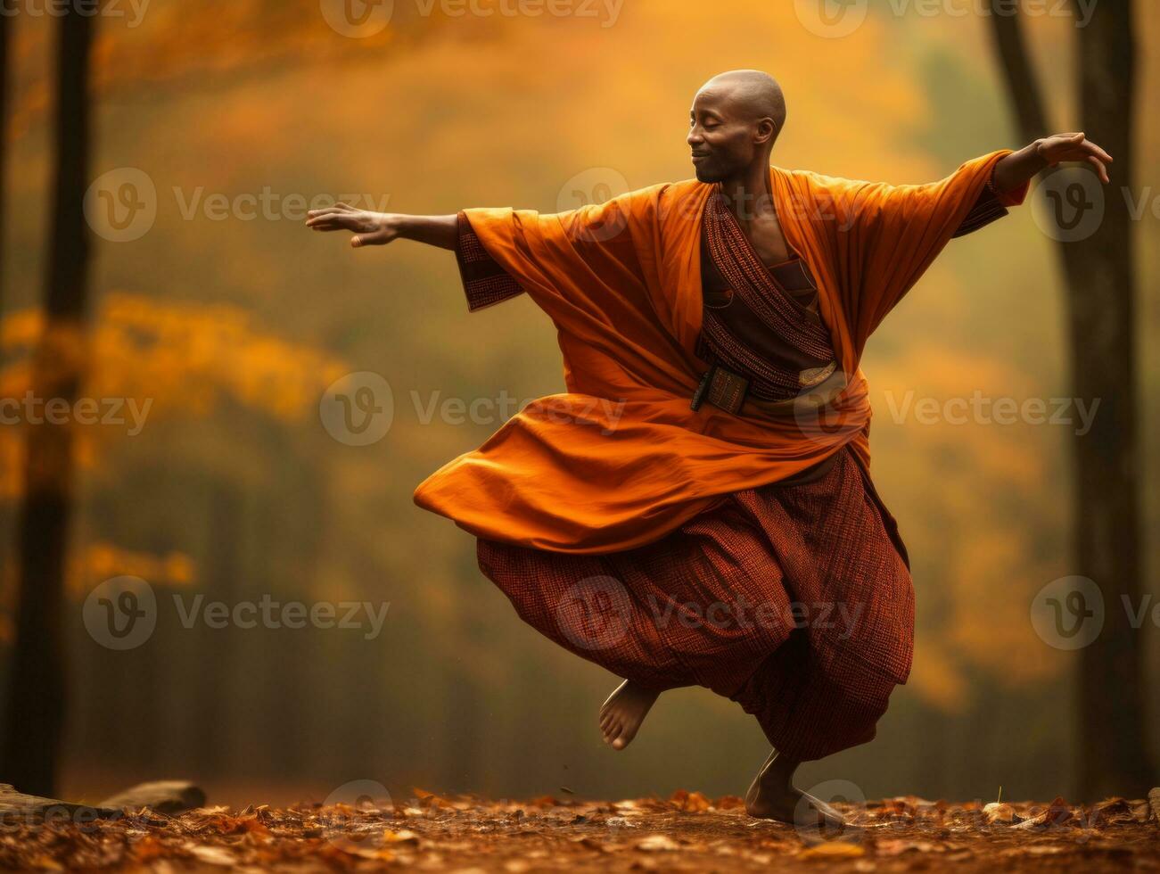 African man in emotional dynamic pose on autumn background AI Generative photo