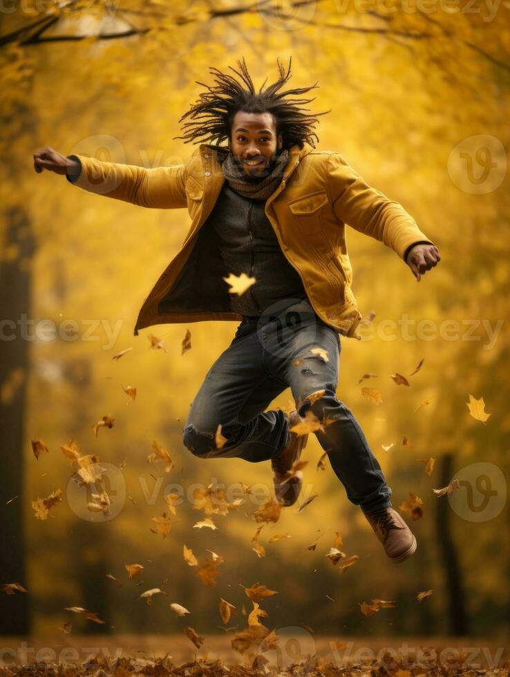 African man in emotional dynamic pose on autumn background AI Generative photo