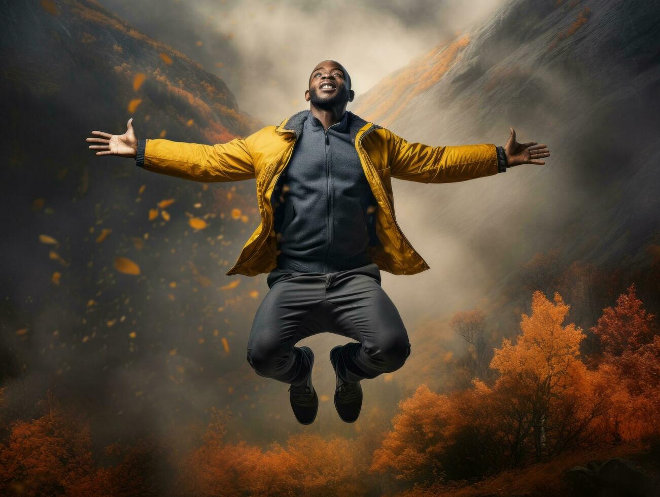 African man in emotional dynamic pose on autumn background AI Generative photo