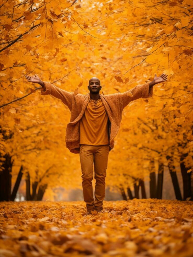 African man in emotional dynamic pose on autumn background AI Generative photo