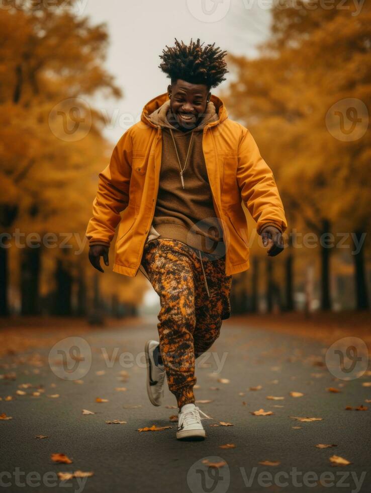 africano hombre en emocional dinámica actitud en otoño antecedentes ai generativo foto