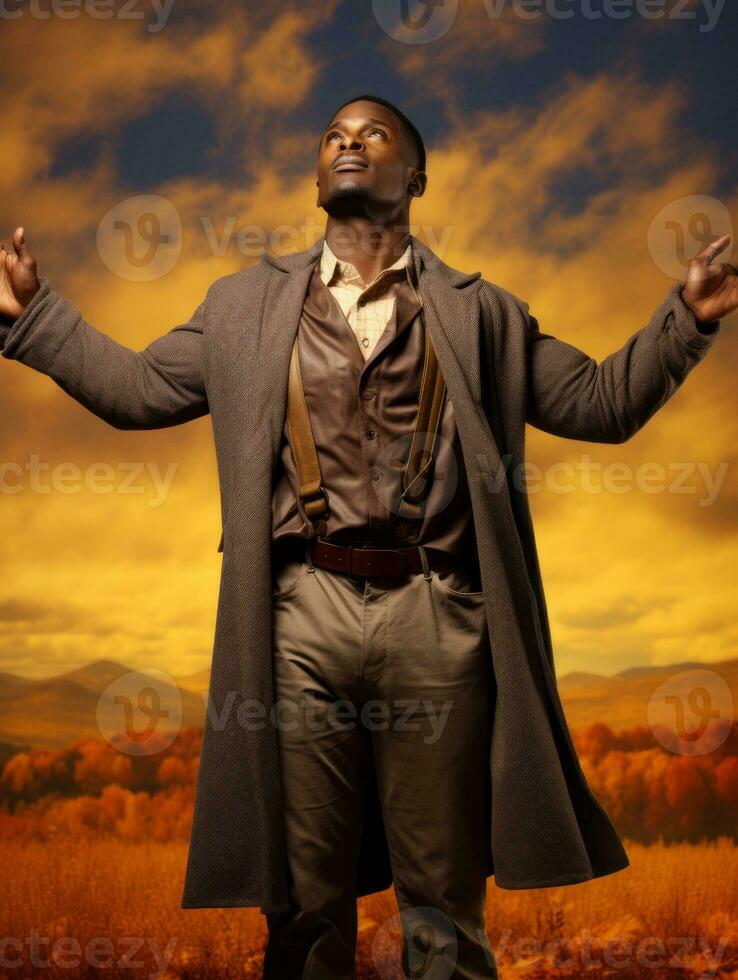 African man in emotional dynamic pose on autumn background AI Generative photo