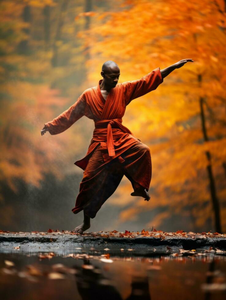 African man in emotional dynamic pose on autumn background AI Generative photo