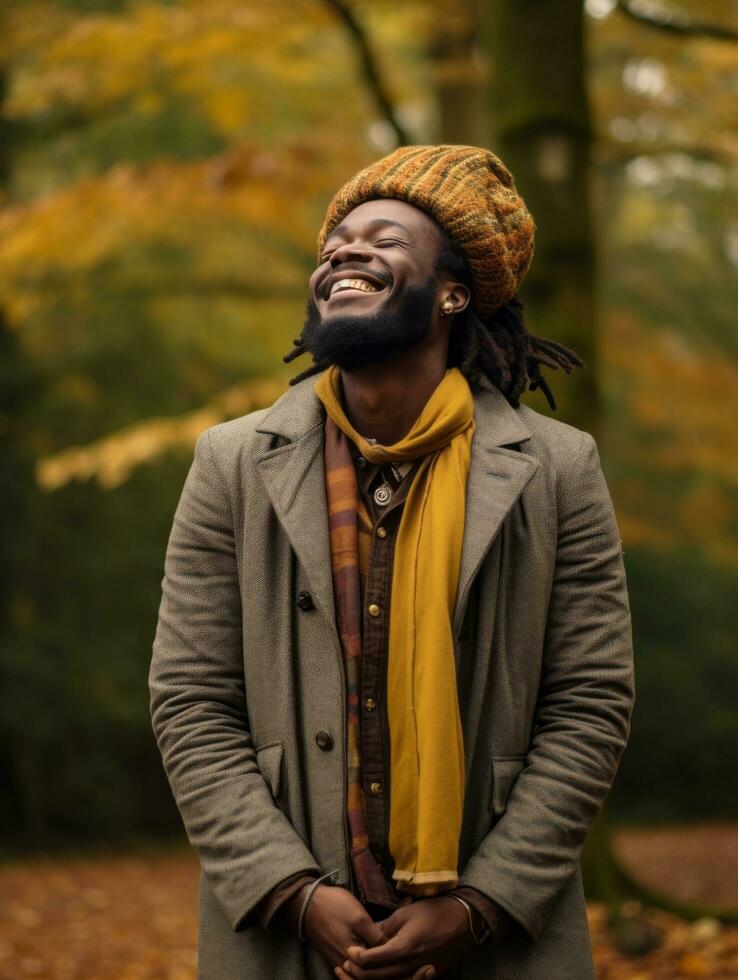 africano hombre en emocional dinámica actitud en otoño antecedentes ai generativo foto