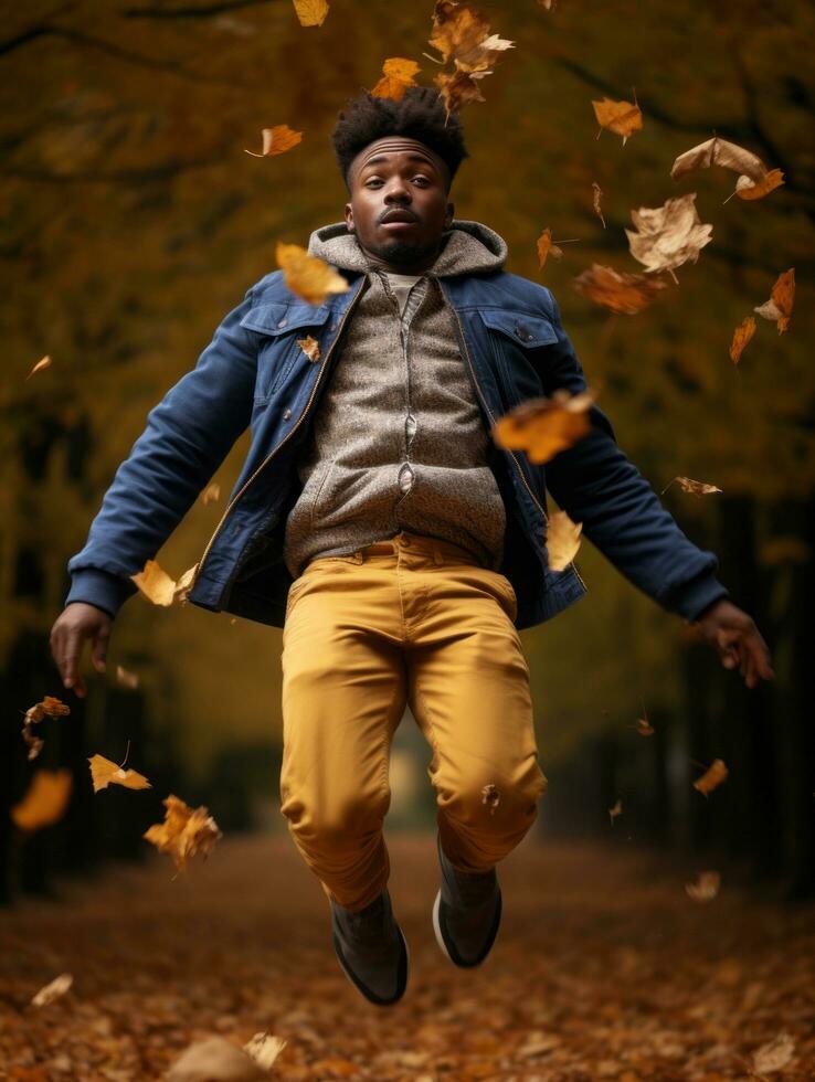 africano hombre en emocional dinámica actitud en otoño antecedentes ai generativo foto