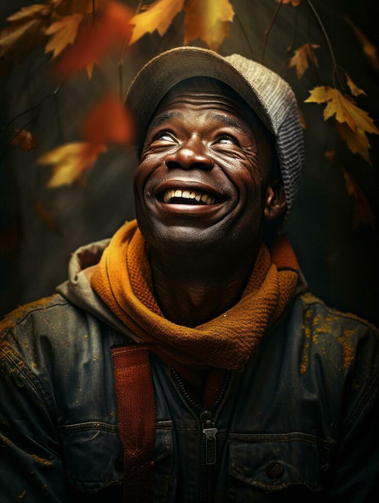 africano hombre en emocional dinámica actitud en otoño antecedentes ai generativo foto