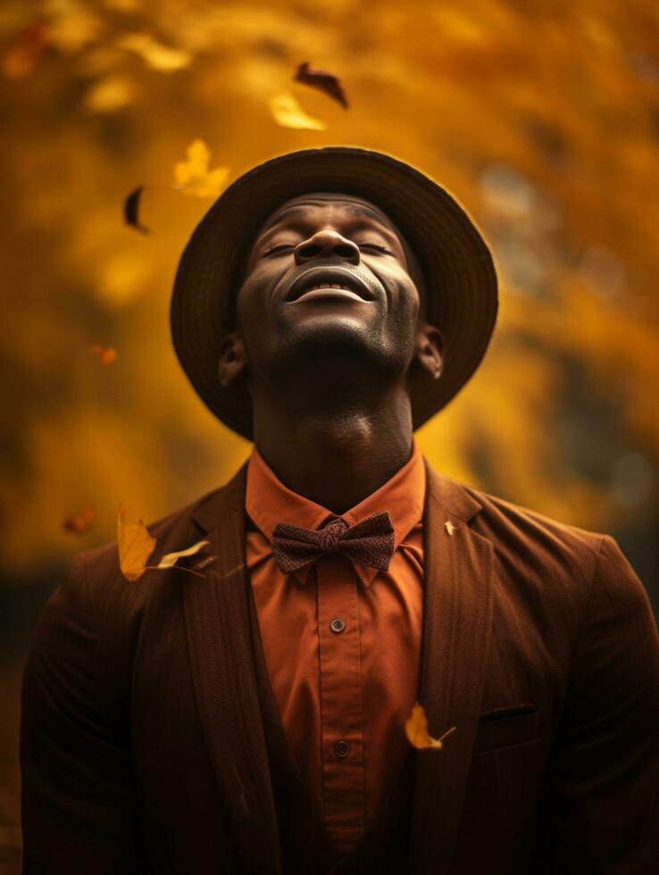 African man in emotional dynamic pose on autumn background AI Generative photo