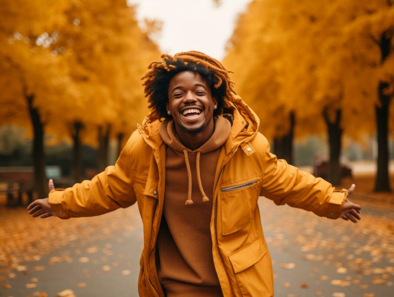 African man in emotional dynamic pose on autumn background AI Generative photo