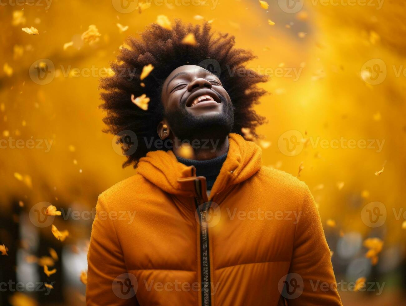 African man in emotional dynamic pose on autumn background AI Generative photo