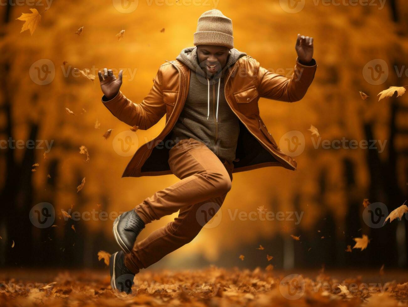 African man in emotional dynamic pose on autumn background AI Generative photo