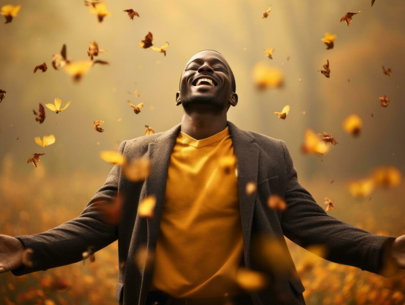 African man in emotional dynamic pose on autumn background AI Generative photo