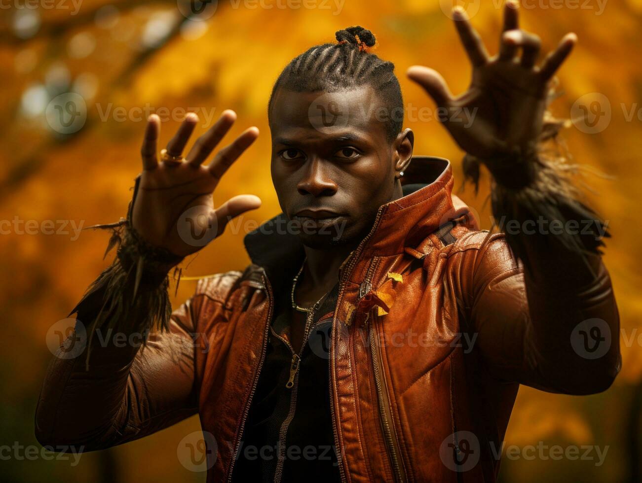 African man in emotional dynamic pose on autumn background AI Generative photo