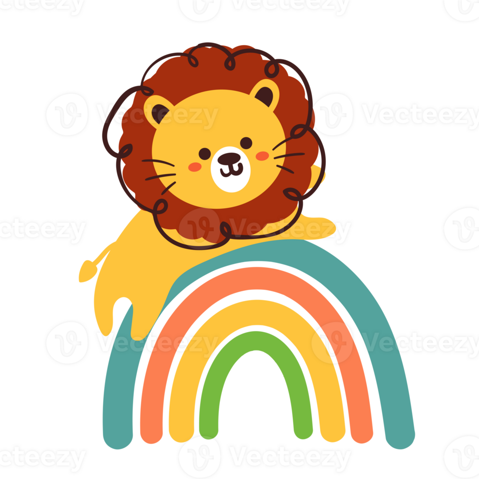 linda dibujos animados león con arco iris png