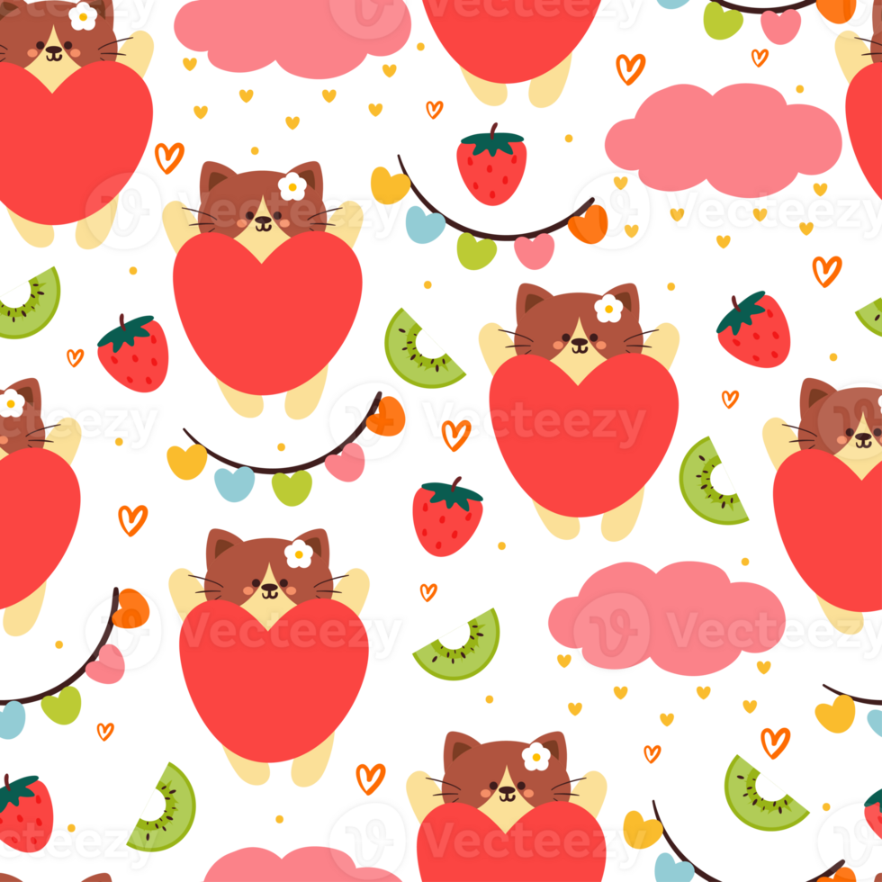 seamless pattern cartoon cat, red heart and sky element. cute animal wallpaper for textile, gift wrap paper png