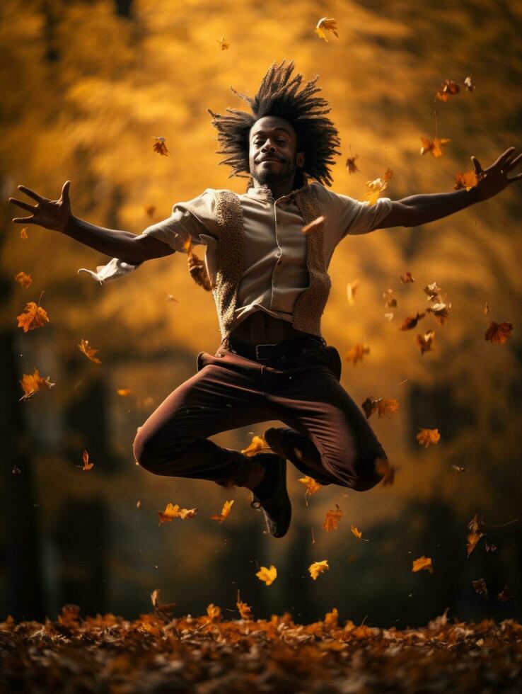 African man in emotional dynamic pose on autumn background AI Generative photo