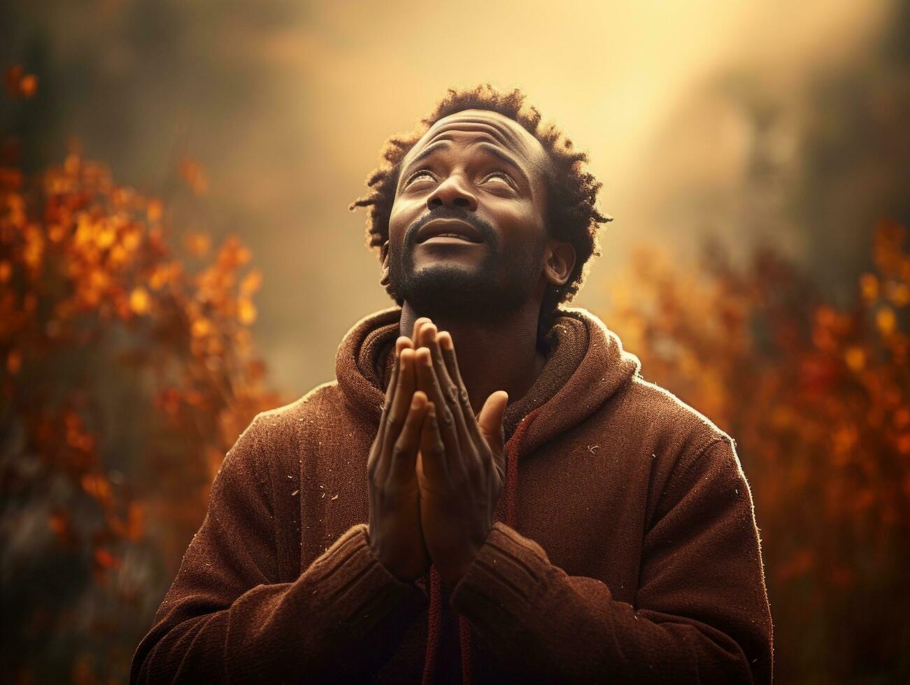 African man in emotional dynamic pose on autumn background AI Generative photo