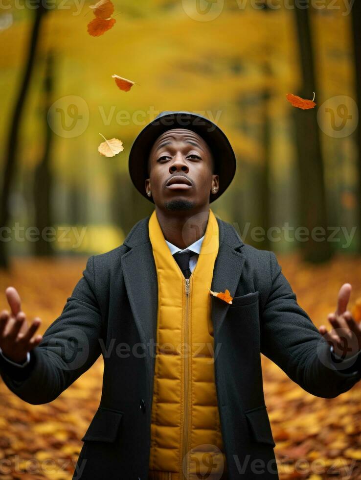 African man in emotional dynamic pose on autumn background AI Generative photo