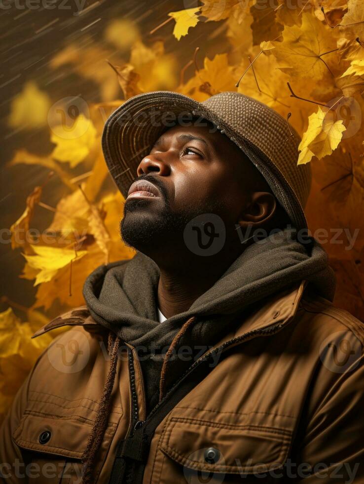 African man in emotional dynamic pose on autumn background AI Generative photo