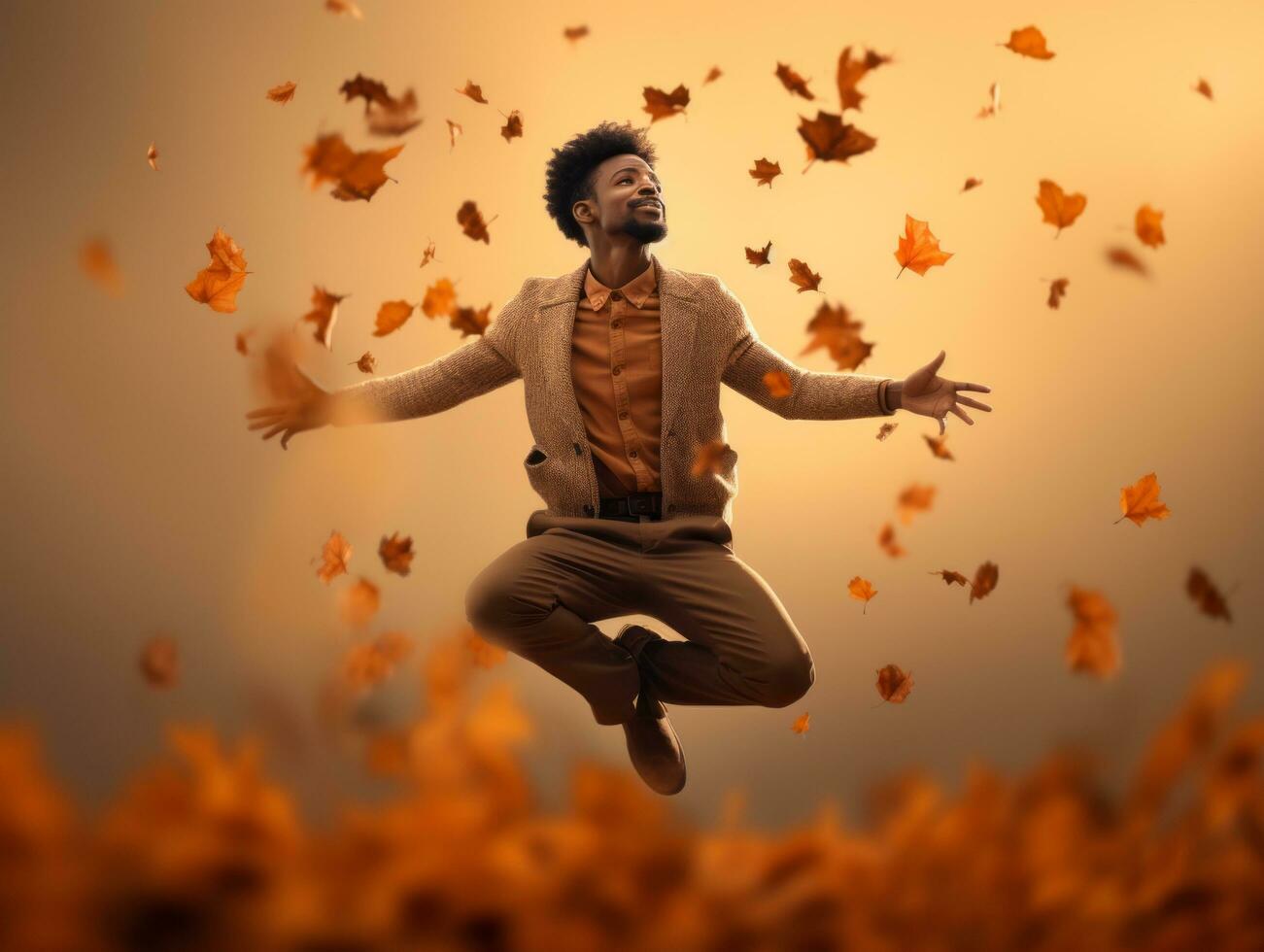 African man in emotional dynamic pose on autumn background AI Generative photo