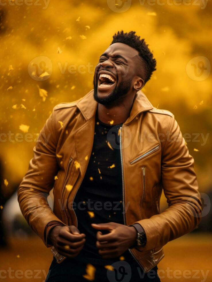 African man in emotional dynamic pose on autumn background AI Generative photo