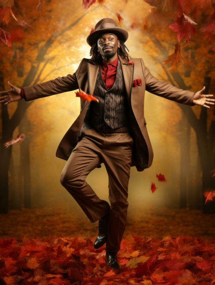 African man in emotional dynamic pose on autumn background AI Generative photo