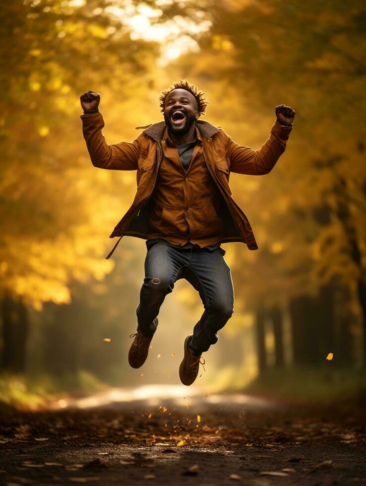 African man in emotional dynamic pose on autumn background AI Generative photo