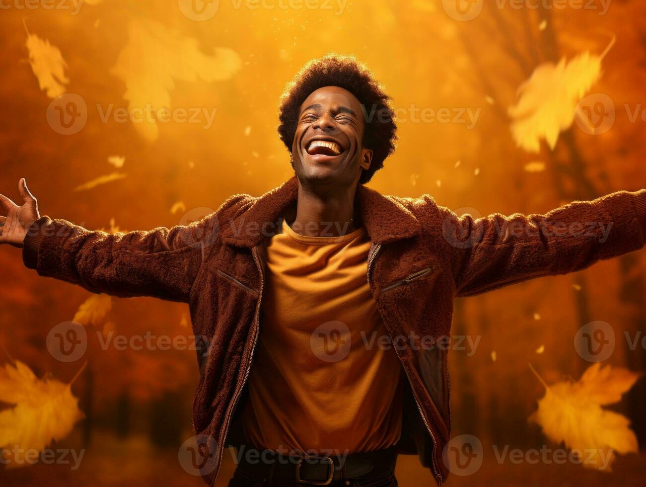 African man in emotional dynamic pose on autumn background AI Generative photo