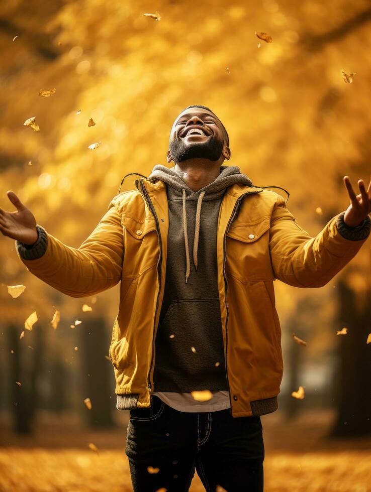 African man in emotional dynamic pose on autumn background AI Generative photo