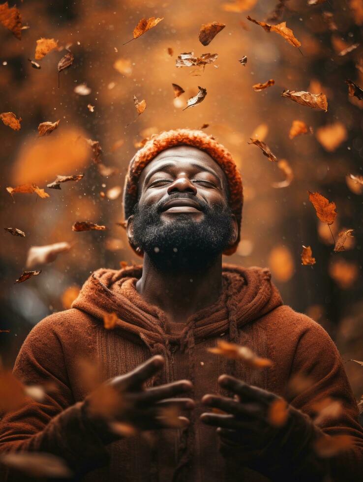 African man in emotional dynamic pose on autumn background AI Generative photo
