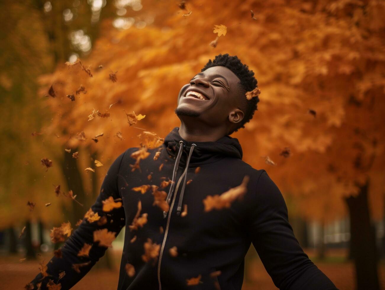 African man in emotional dynamic pose on autumn background AI Generative photo