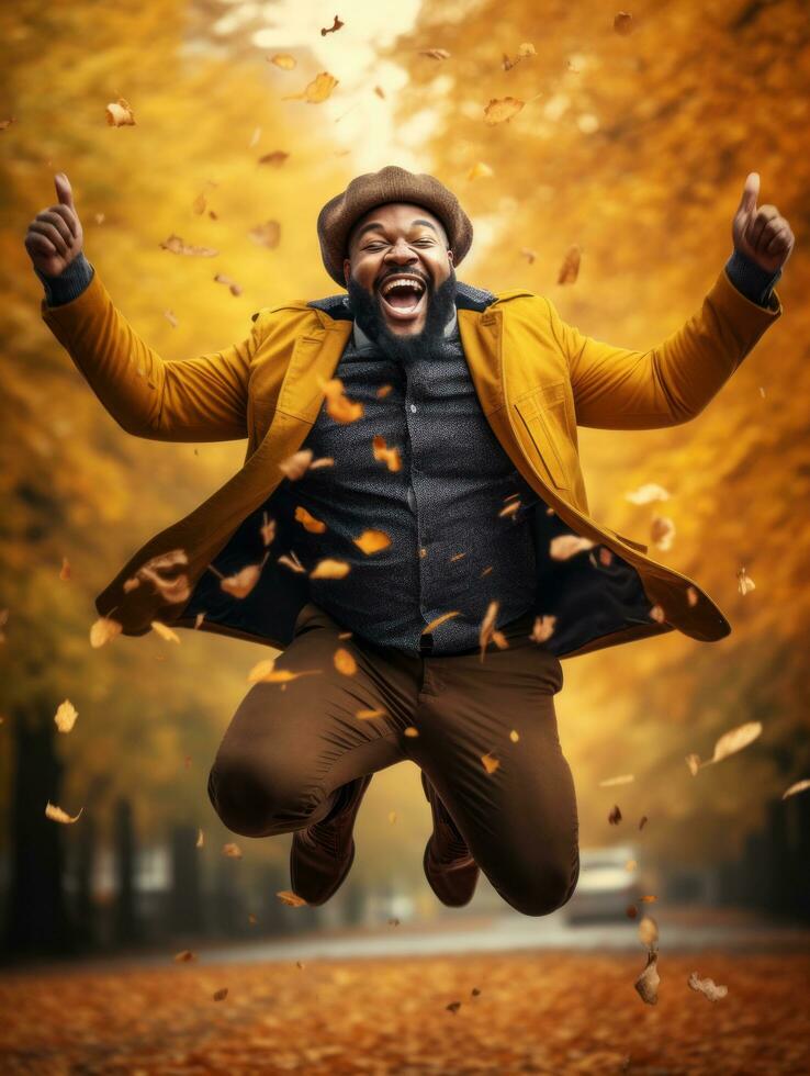 African man in emotional dynamic pose on autumn background AI Generative photo