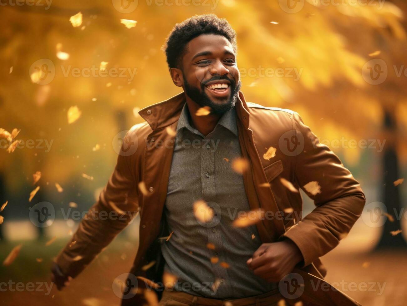African man in emotional dynamic pose on autumn background AI Generative photo