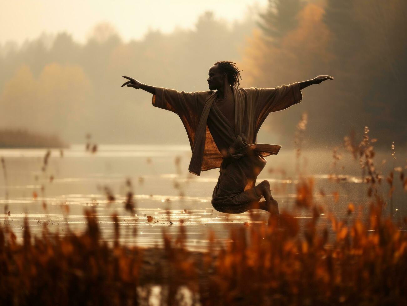 African man in emotional dynamic pose on autumn background AI Generative photo