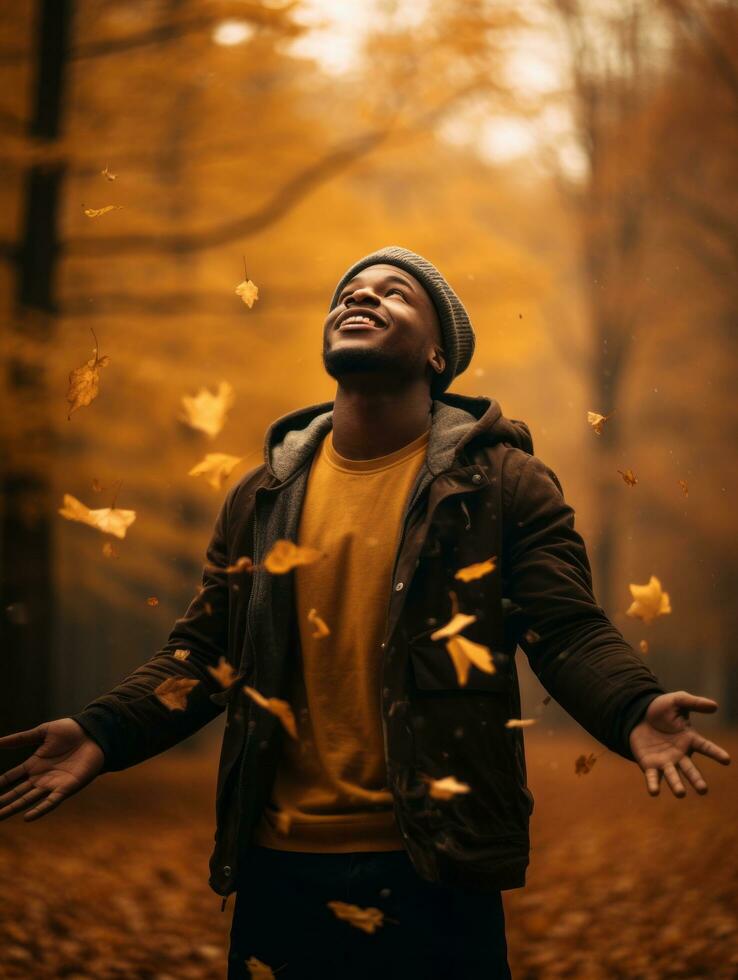 African man in emotional dynamic pose on autumn background AI Generative photo