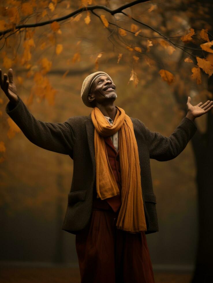 African man in emotional dynamic pose on autumn background AI Generative photo