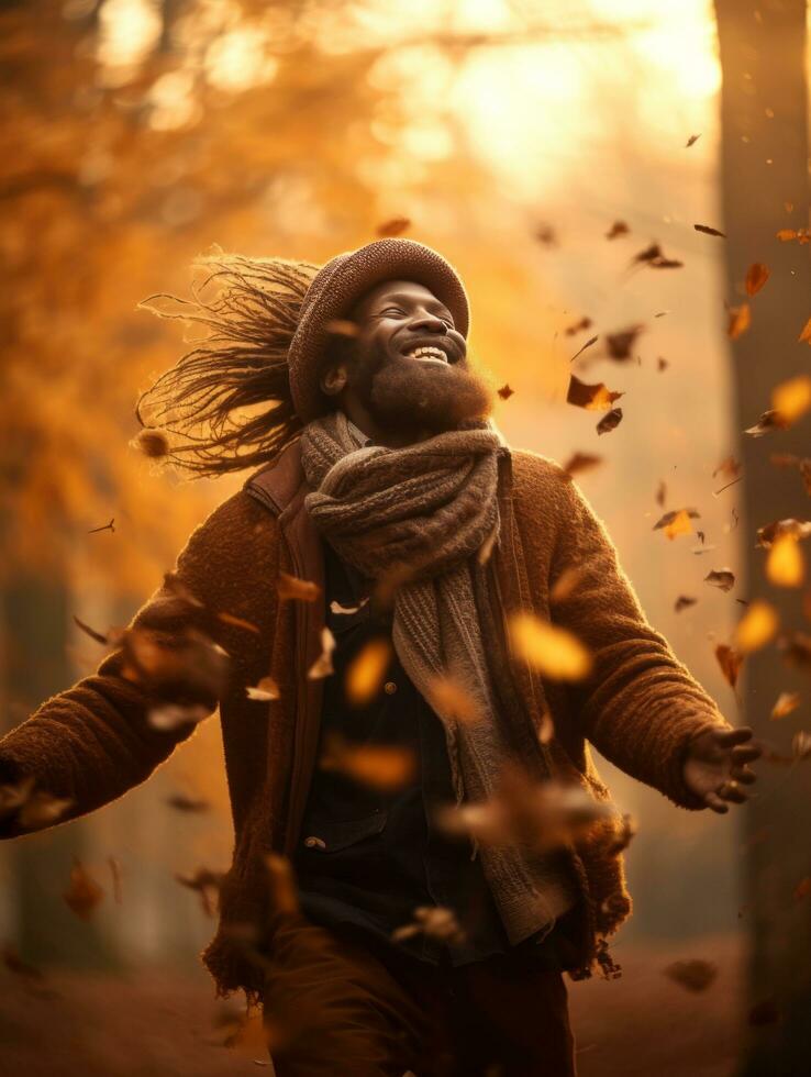 African man in emotional dynamic pose on autumn background AI Generative photo