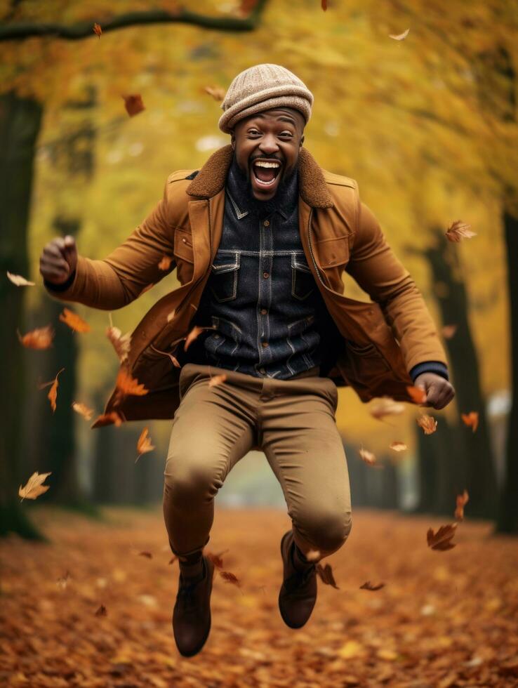 African man in emotional dynamic pose on autumn background AI Generative photo