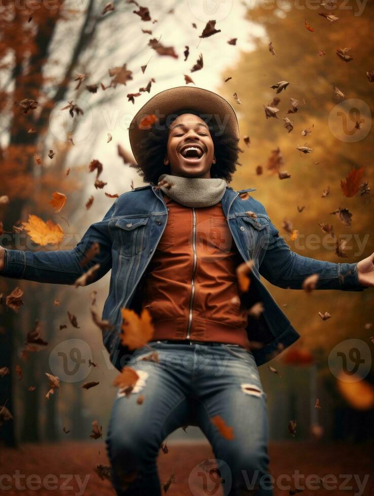 African man in emotional dynamic pose on autumn background AI Generative photo