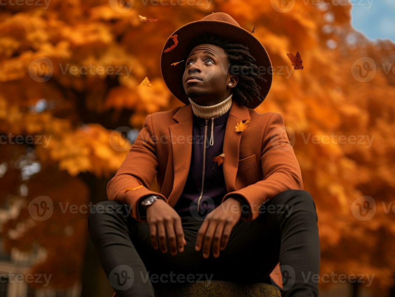 African man in emotional dynamic pose on autumn background AI Generative photo