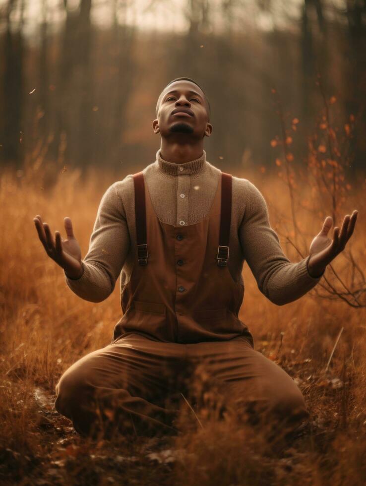 African man in emotional dynamic pose on autumn background AI Generative photo