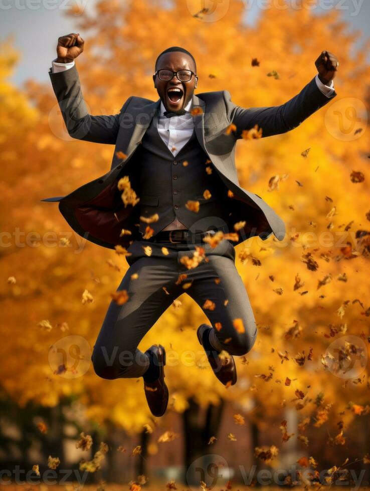 African man in emotional dynamic pose on autumn background AI Generative photo
