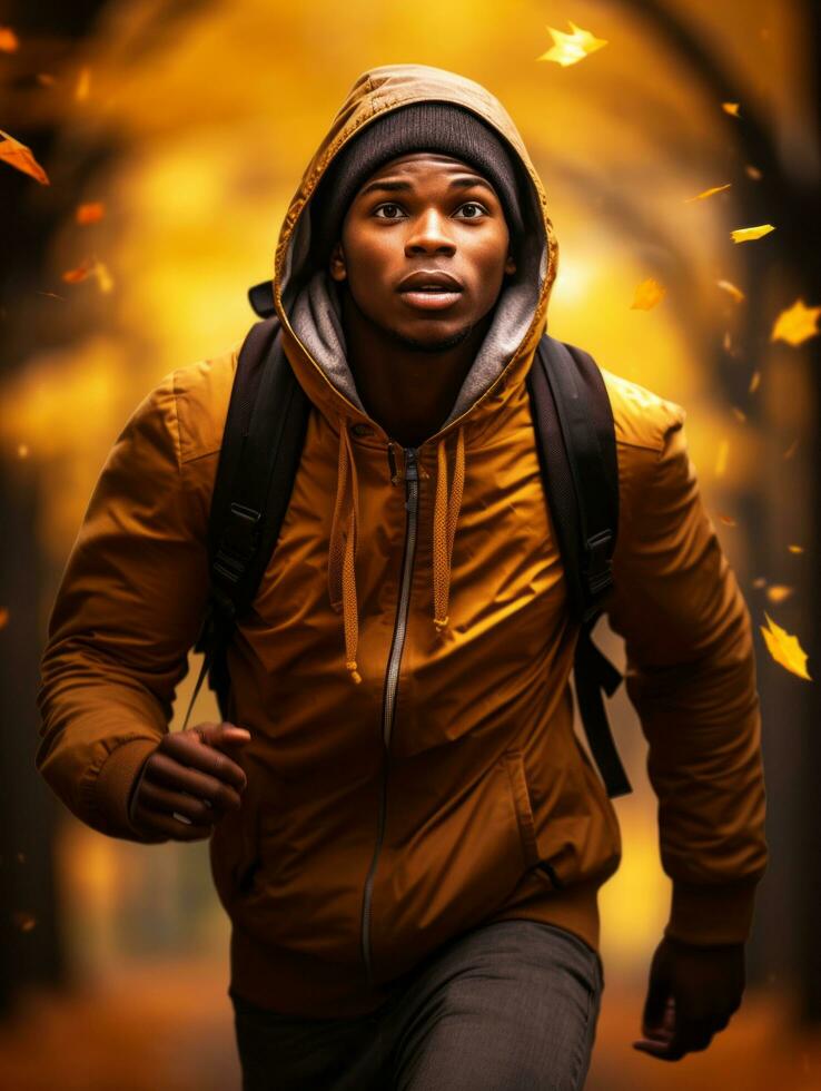 African man in emotional dynamic pose on autumn background AI Generative photo