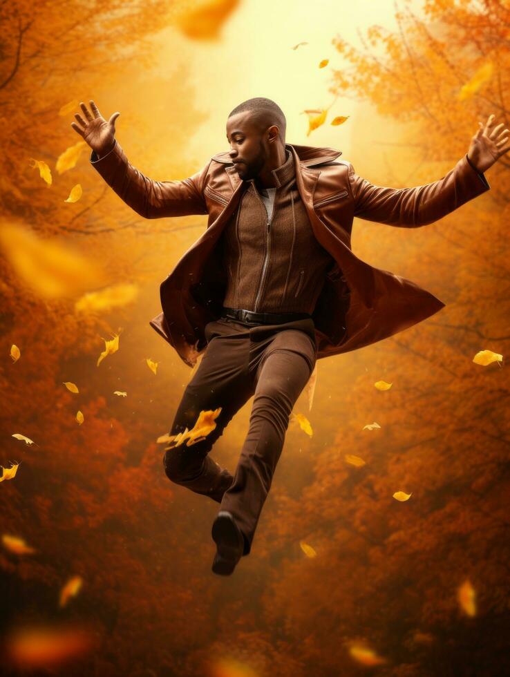 African man in emotional dynamic pose on autumn background AI Generative photo