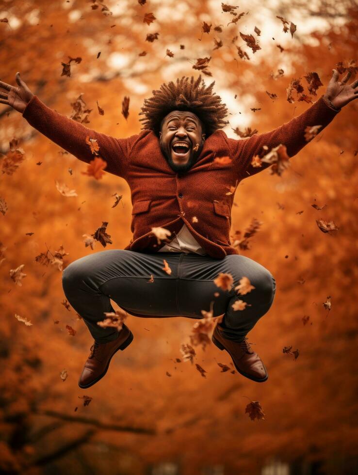 African man in emotional dynamic pose on autumn background AI Generative photo