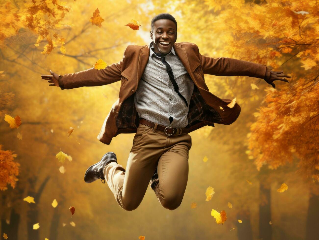 African man in emotional dynamic pose on autumn background AI Generative photo