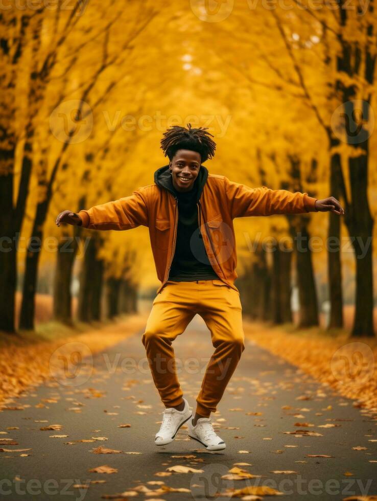 African man in emotional dynamic pose on autumn background AI Generative photo