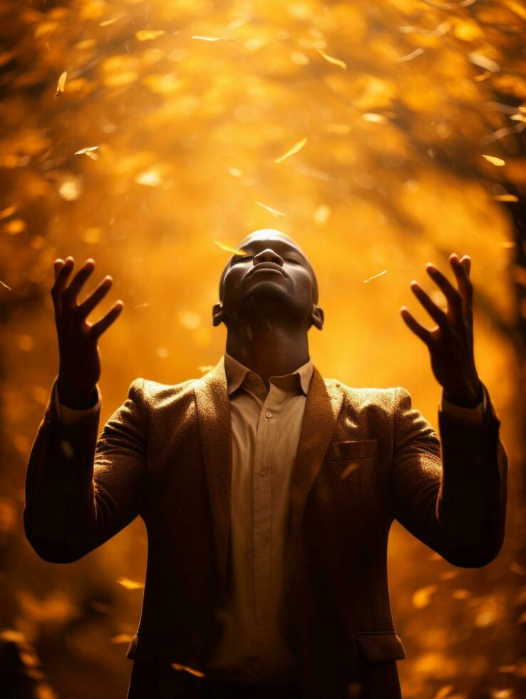 African man in emotional dynamic pose on autumn background AI Generative photo