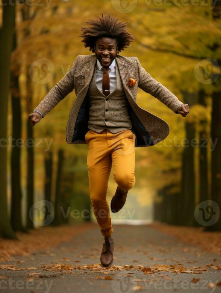 africano hombre en emocional dinámica actitud en otoño antecedentes ai generativo foto